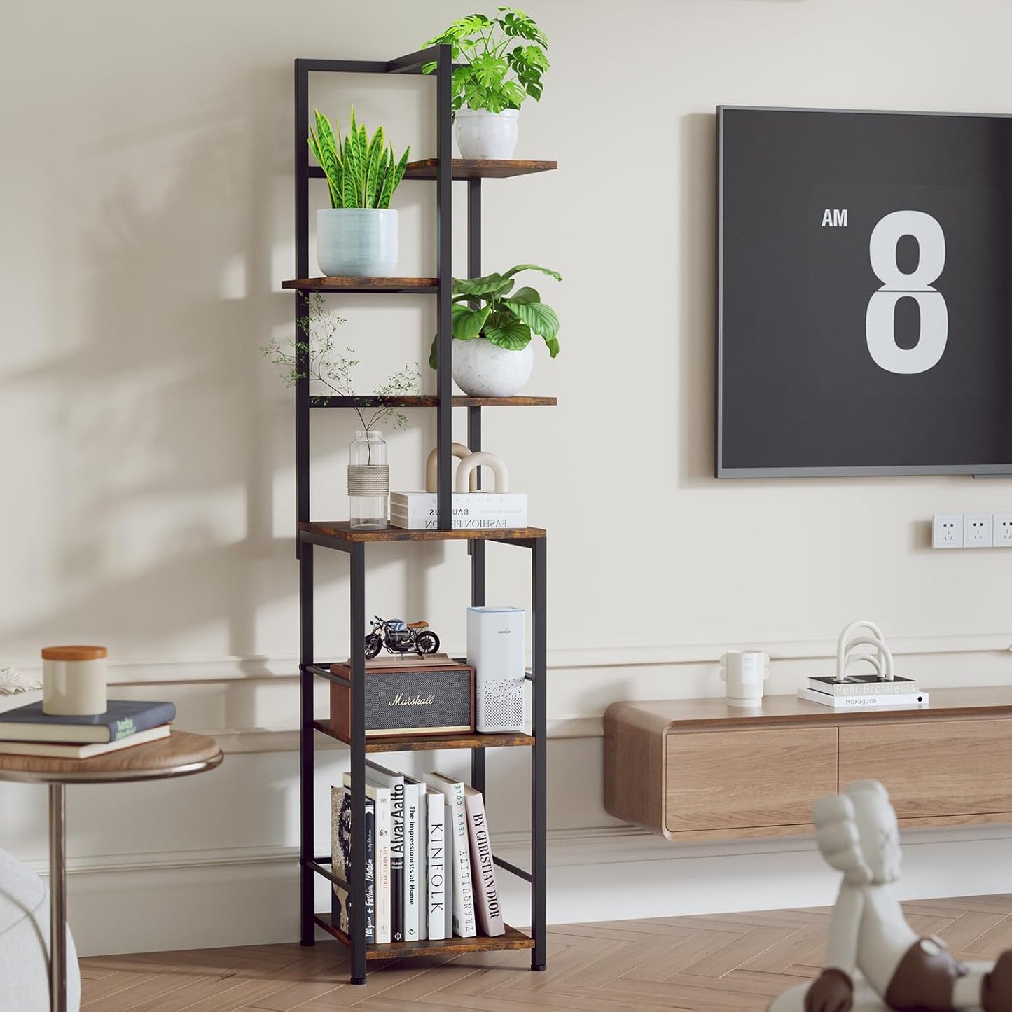 Plant Stand Indoor with Grow Light, 6-Tiered Tall Plant Stand Indoor, Metal Plant Shelf with Bookshelf Bookcase and Adjustable Light, Ideal for Living Room, Reading room, Garden, Patio (Brown)