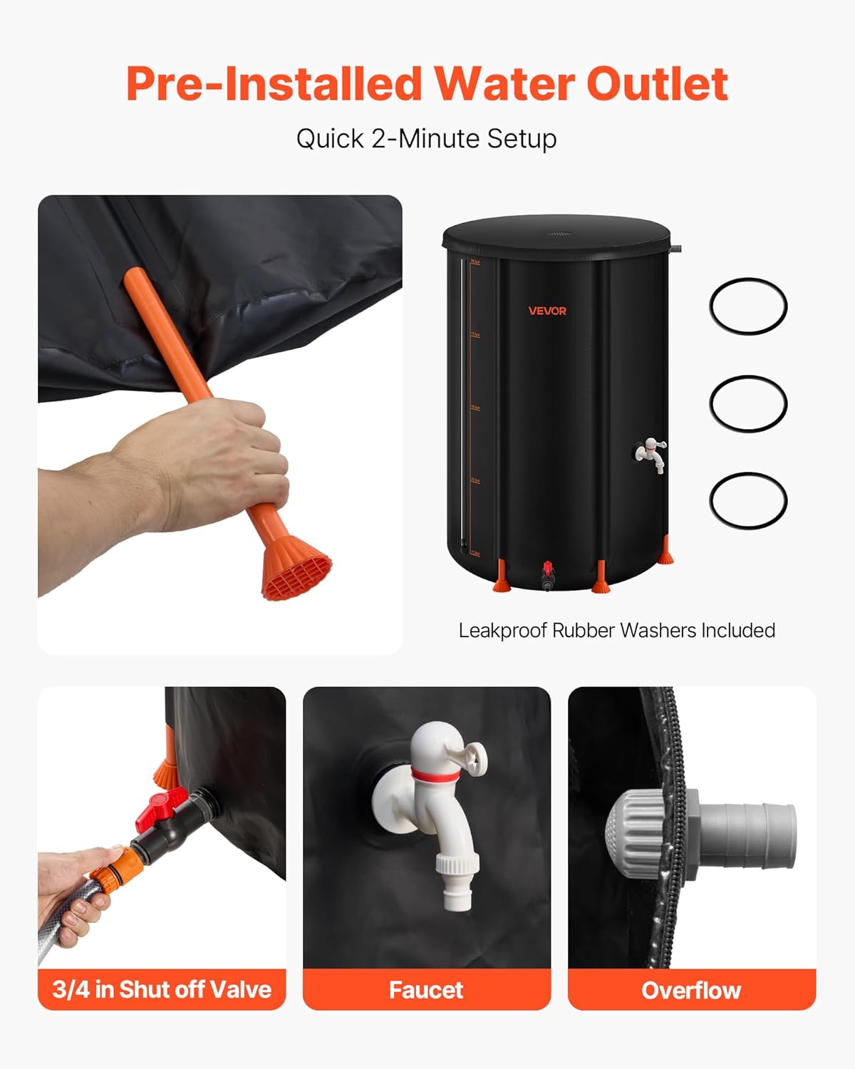 VEVOR Collapsible Rain Barrel, 100 Gallon Portable Rain Water Collection Barrel, 1000D PVC Rainwater Collection System, Garden Water Catcher Tank Storage Container with Spigot & Overflow Kit, Black