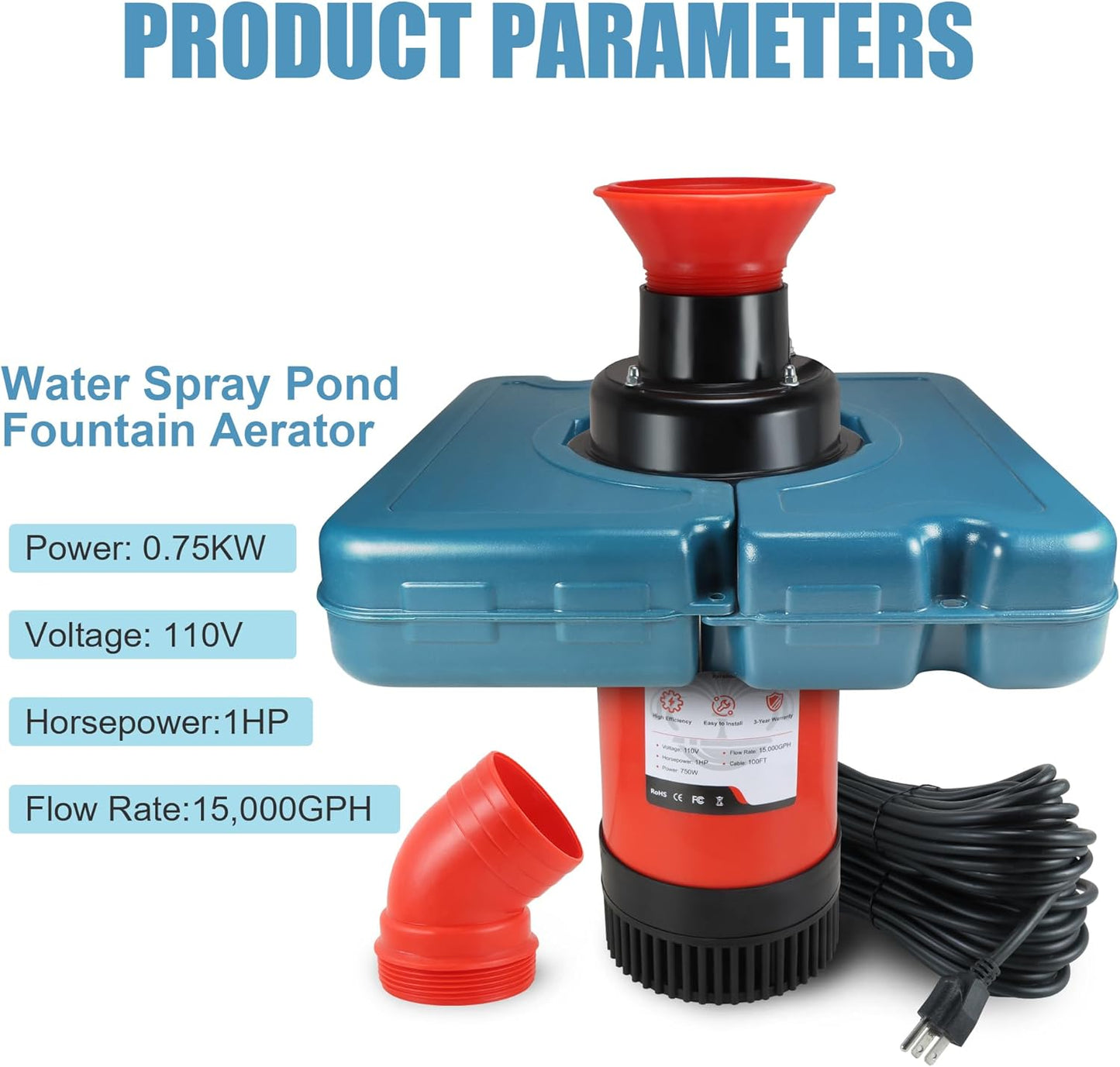 Goldlife Pond Fountain Aerator, F1-4 1HP 750W 110V PowerfuI Floating Pond Fountain Pump With 100 FT Power Cord, Outdoor Pond Aerating Fountains Cascade Pump for Small Large Ponds Lake Pond Jet System