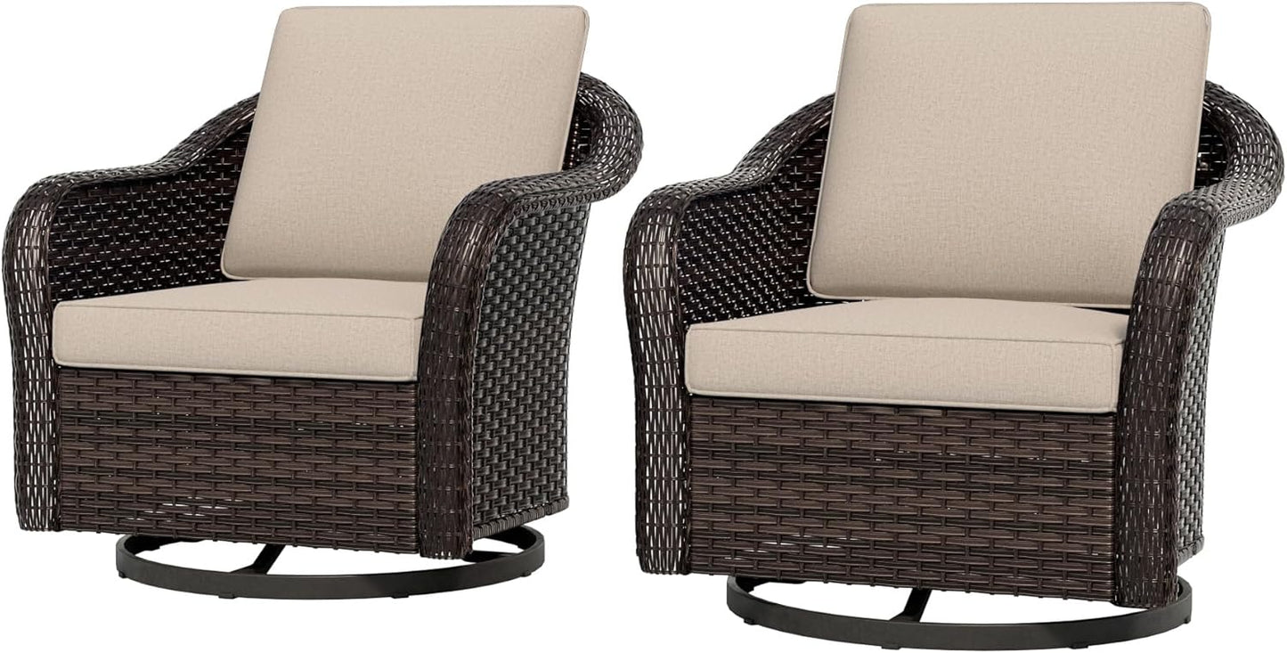 Outdoor Wicker Swivel Chair Set of 2, All-Weather Use Patio Rattan Chair with Seat and Back Cushion, Ideal for Porch, Backyard, Balcony, Poolside, Beige