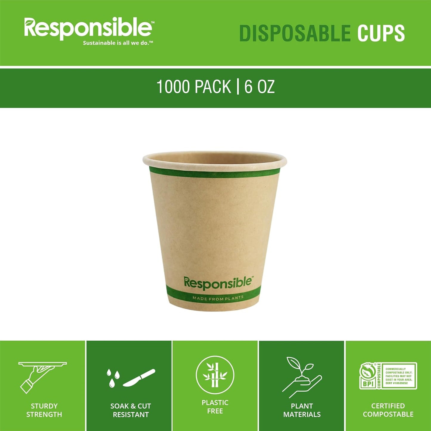 6 oz Paper Hot Cups, Tree-Less™ Compostable Paper Coffee Cups, Extra Strength, Tree-Free and Made Without PFAS, Natural Brown (1000 Count)