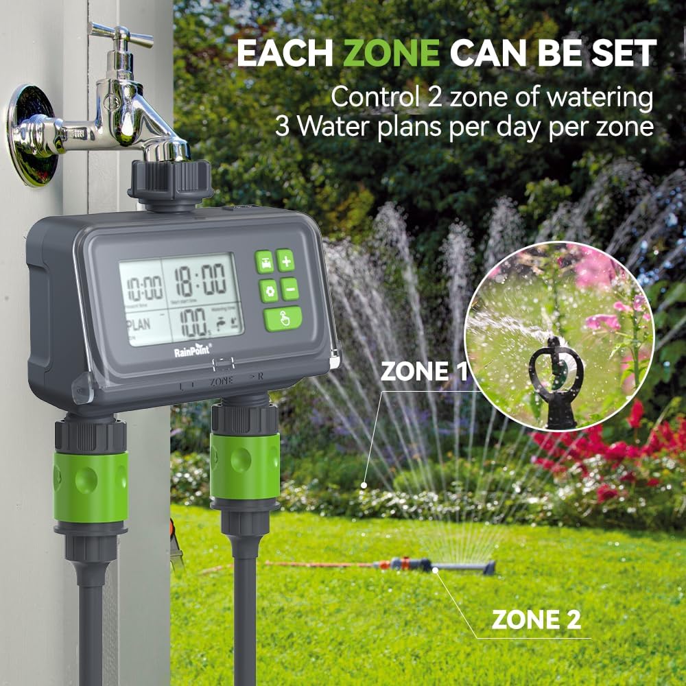 RAINPOINT 2 Zone Smart Water Timer for Garden Hoses - Lawn Sprinkler Timers with Up to 3 Preset Programs, Rain Delay Sensor, Smart Water Hose Timers, Drip Irrigation Timer for Garden Watering System
