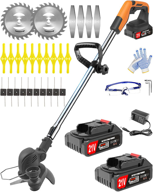 Electric Weed Wacker Cordless, 21V Battery Powered Weed Cordless Eater with 2 * 2.0Ah Batteries and Charger, 3 in 1 Stringless Grass Trimmer/Brush Cutter/Edger, 4 Types 26Pcs Blade for Garden Yard