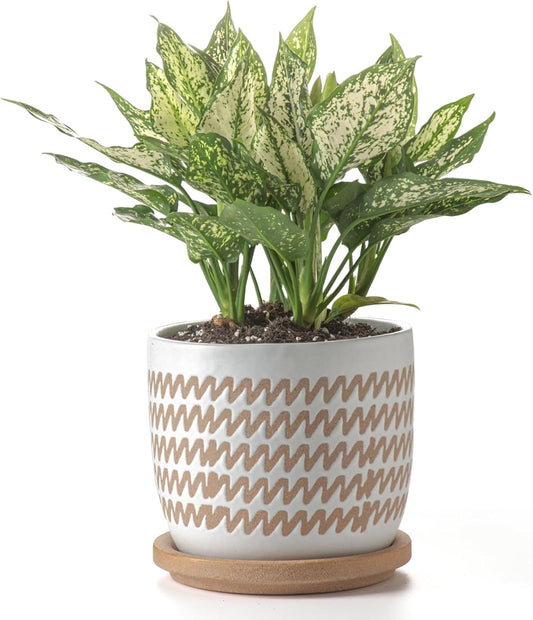 Ceramic Flower Pots Indoor-Outdoor: 7.75 Inch Large Planters with Drainage Holes & Saucer - Modern Decorative Plant Pots Ceramic for Home Gardeners (Wave)