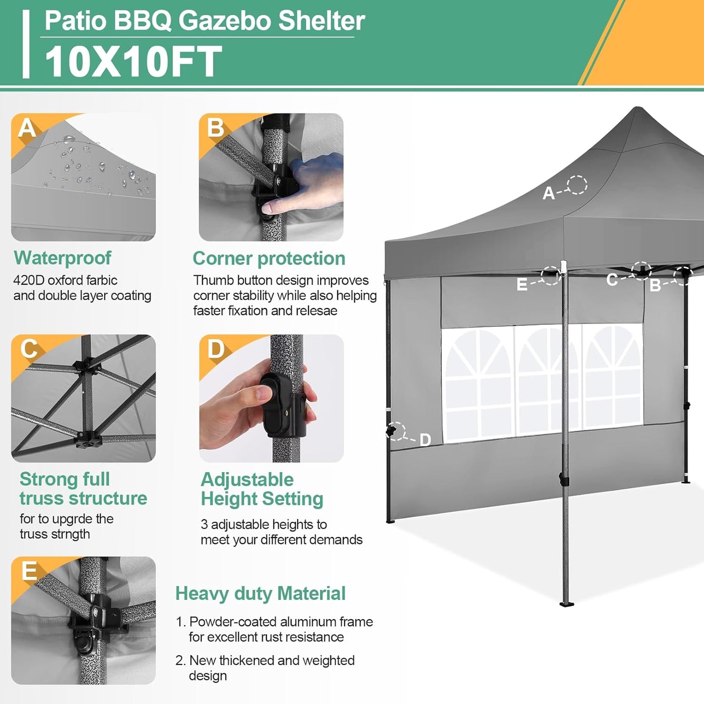 COBIZI 10x10 Pop Up Canopy Tent with 4 sidewalls Commercial Heavy Duty Canopy UPF 50+ All Weather Waterproof Outdoor Canopy Wedding Tents for Parties Gazebo with Roller Bag, Grey (Windproof Upgraded)