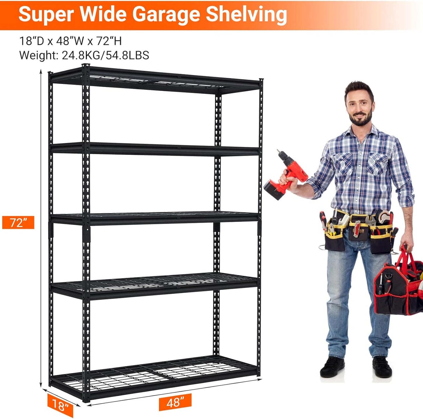 2500 LBS Storage Shelves, 5 Tier Garage Shelving, Heavy Duty, Adjustable Metal Shelving Unit, Industrial Utility Shelf Rack for Garage, Basement, Pantry, 72" H x 48" W x 18" D, Black