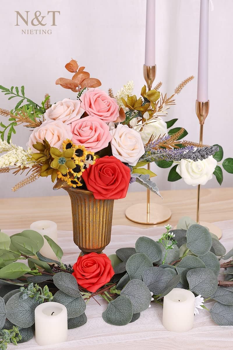 N&T NIETING Artificial Flowers 25pcs Real Looking Artificial Roses with Stems for Valentine's Day Mother's Day Wedding Bridal Bouquet Party Baby Shower Cake Decoration, Series Red