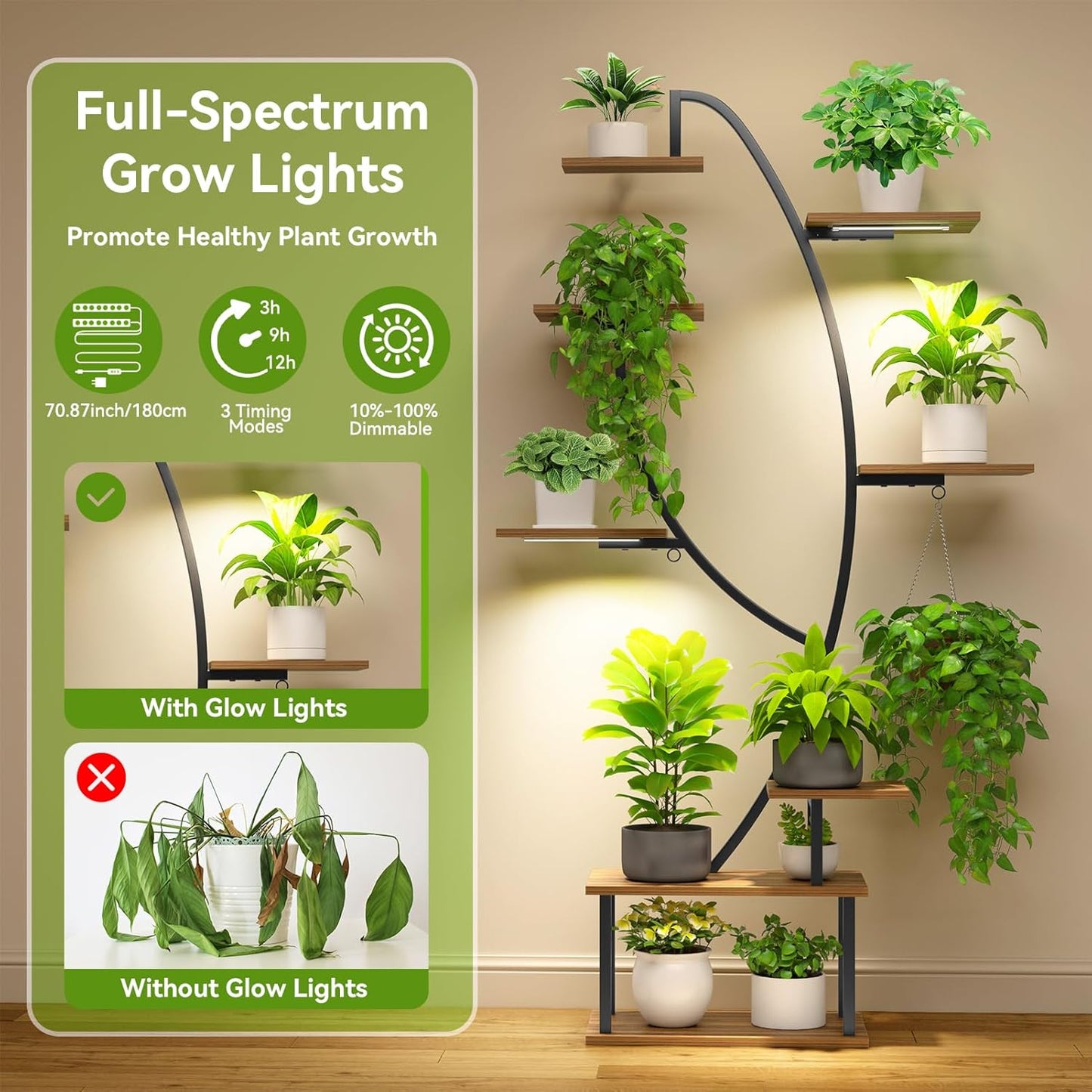 Indoor Plant Stand with Grow Lights, Multi-layer Tall Metal Plants Shelf, Corner Plant Stand Indoor with Cable Ties & Safe Straps for Living Room, Patio (Swan Neck)