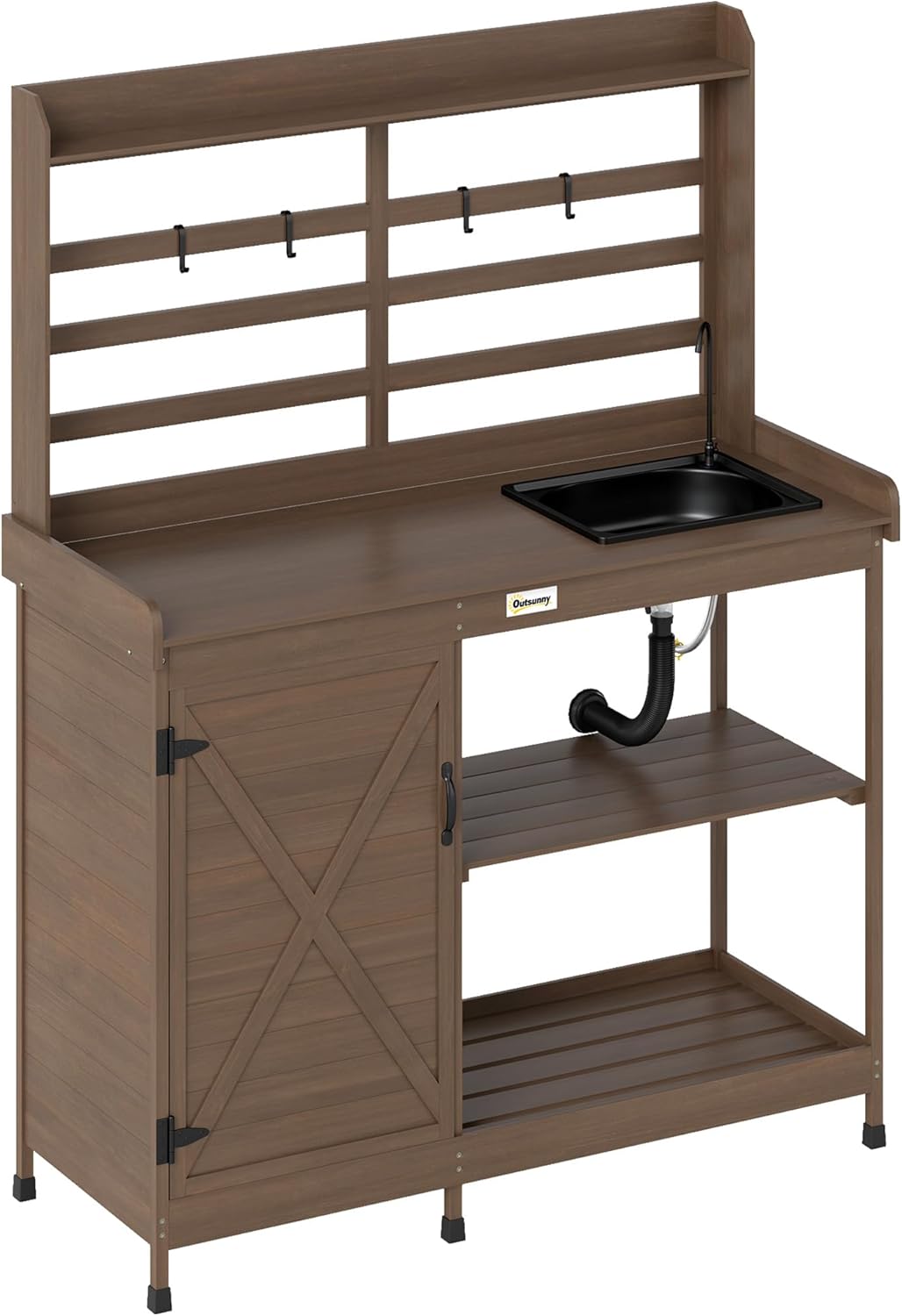 Outsunny Outdoor Wooden Potting Bench Table with Sink and Water Tap, Garden Workstation with Storage Cabinet, Storage Shelves for Backyard, Patio, Balcony, Dark Brown