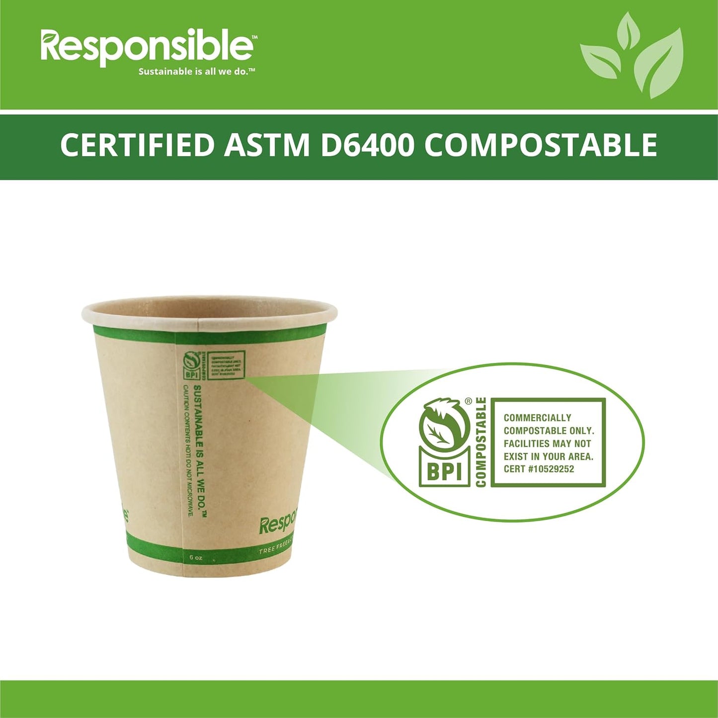 6 oz Paper Hot Cups, Tree-Less™ Compostable Paper Coffee Cups, Extra Strength, Tree-Free and Made Without PFAS, Natural Brown (1000 Count)