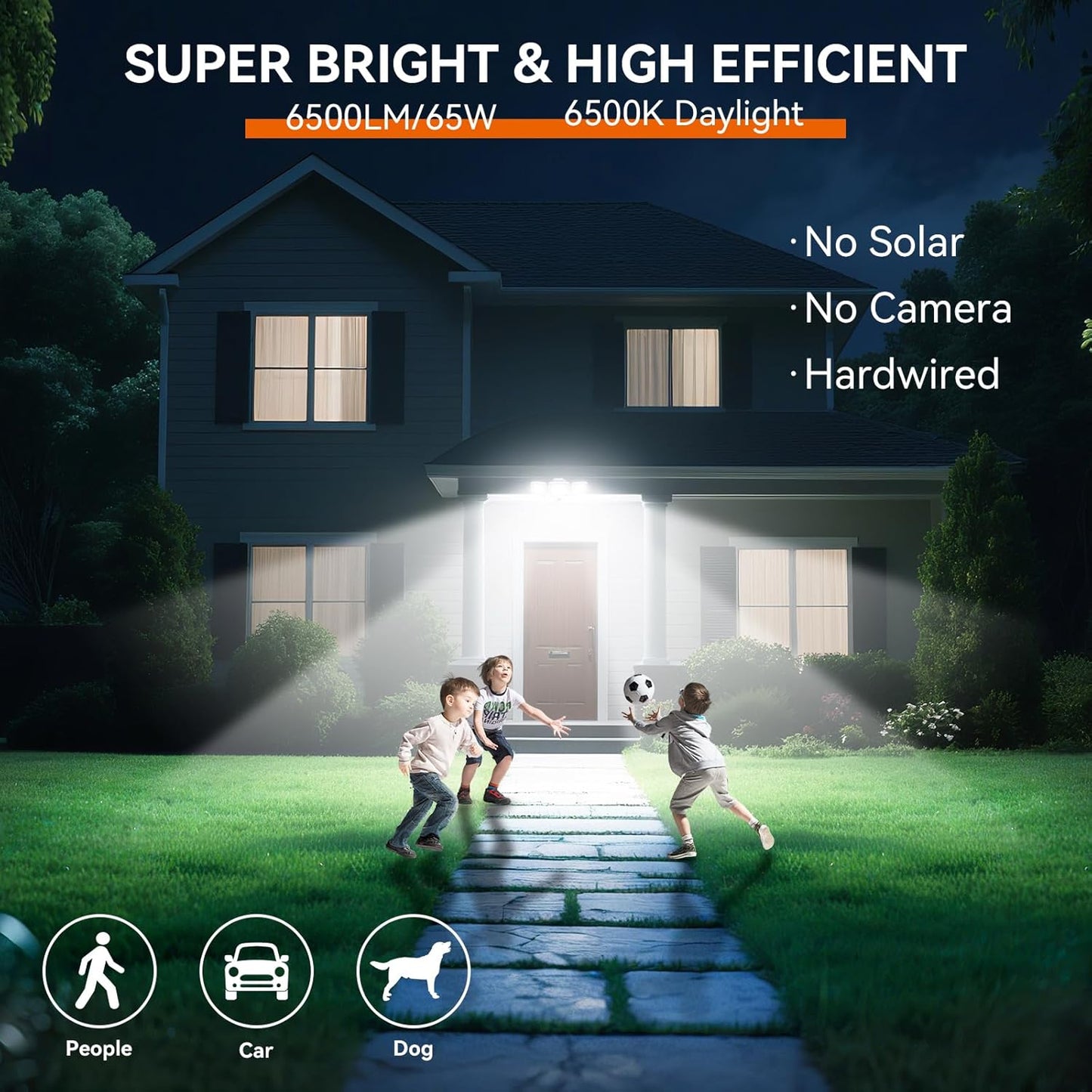 65W LED Flood Light Outdoor, 6500LM, Waterproof, 6500K Motion Sensor Flood Lights Outdoor with Adjustable 3 Head Detected Floodlight for Outside Entryway Garage, Yard, Porch, White, 2 Pack