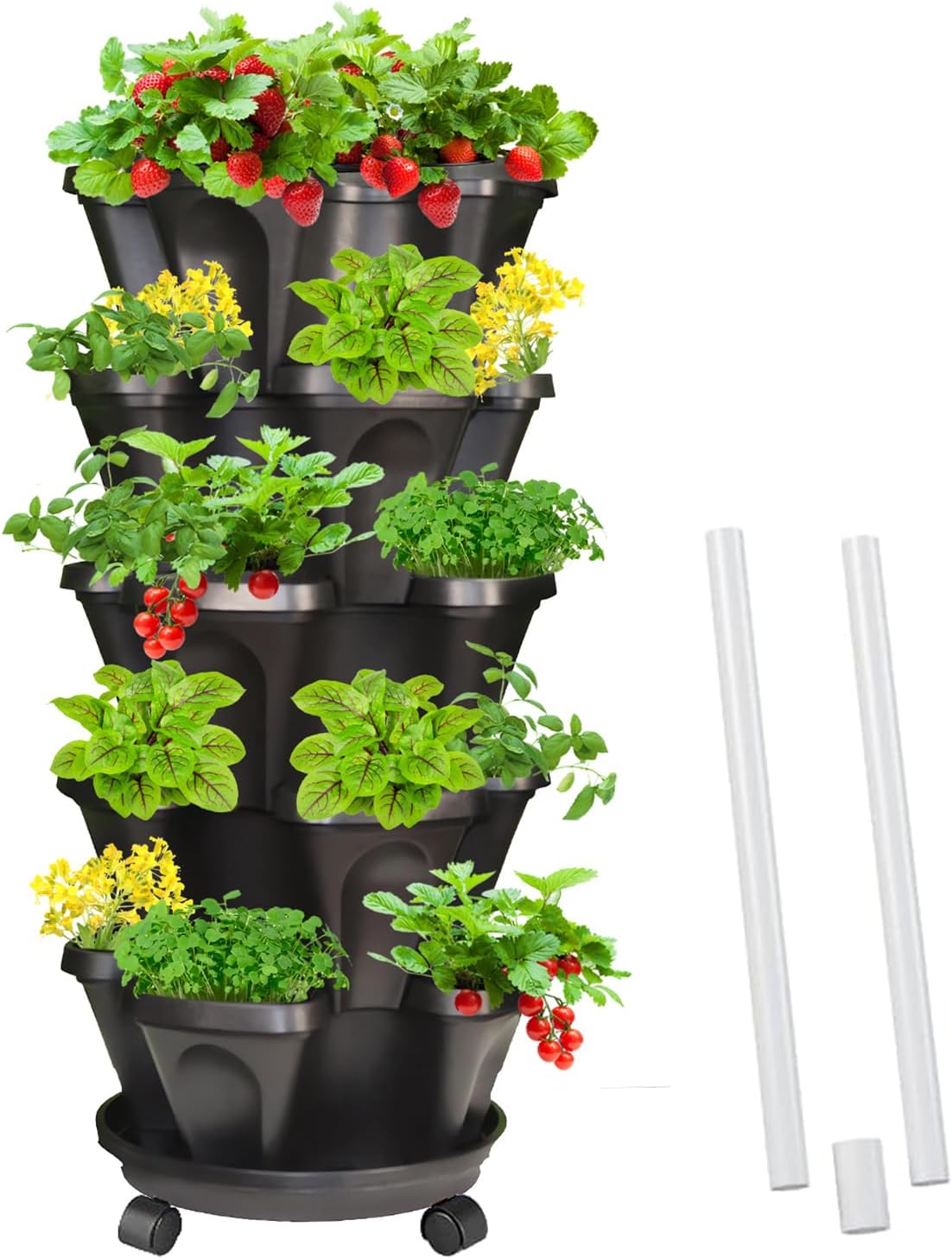 Strawberry Vertical Planter, 5 Tiered Stacking Garden Tower, Stackable Herb Vegetable Planters with Support Pole Indoor and Outdoor - Black