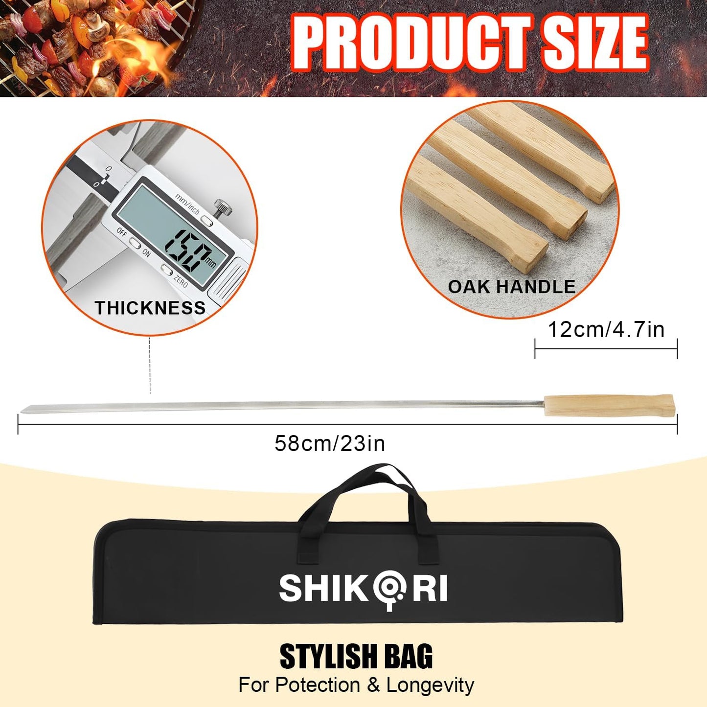 SHIKORI Kabob Skewers,BBQ Barbecue Skewers,Stainless Steel Sticks,24 Inch Heavy Duty Large Wide Reusable,with Nonslip Wooden-12 Pcs