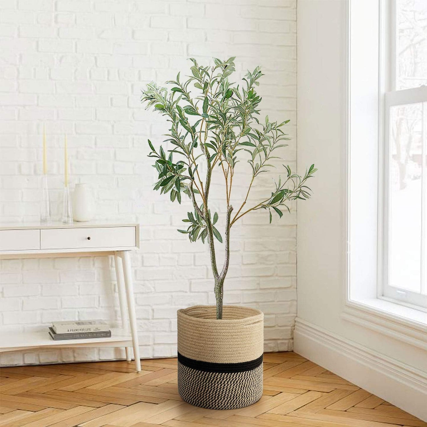 TIMEYARD Sturdy Jute Rope Plant Basket Modern Woven Basket for 11" Flower Pot Floor Indoor Planters, 12'' x 12'' Storage Organizer Baskets Rustic Home Decor, Black and Beige Stripes