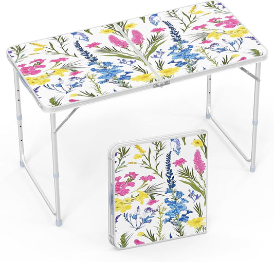 VINGLI 4FT White Folding Table with Carrying Handle Height Adjustable Lightweight Fold Up Portable for Indoor Outdoor Picnic,Camping,Hiking,Fishing,BBQ …