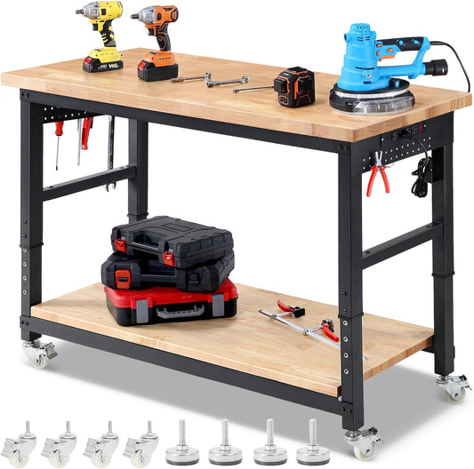 Work Bench for Garage Adjustable Workbenches with Storage 60 Inch Garage Workbench with Under Table Shelf, Pegboard, Power Outlets for Woodworking, Home, Office, Workshop