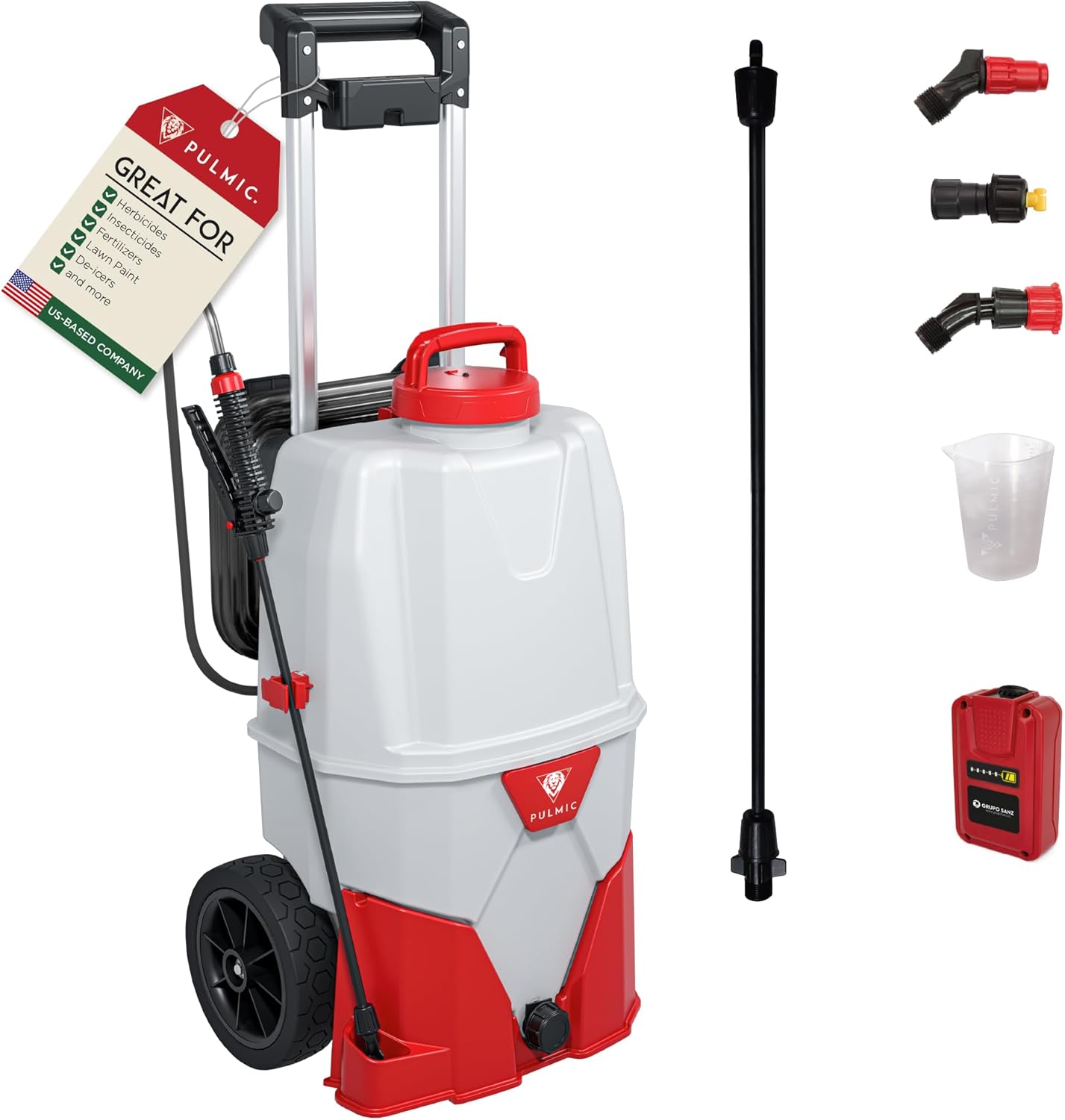 PULMIC Electric Sprayer Pegasus 35. 9.25-Gallon Cart Sprayer. 3 Application Speeds Up to 60 PSI Pressure. 18V Removable Lithium Battery. Up to 7 Hours of Autonomy. 20 ft Hose and Accessories Included