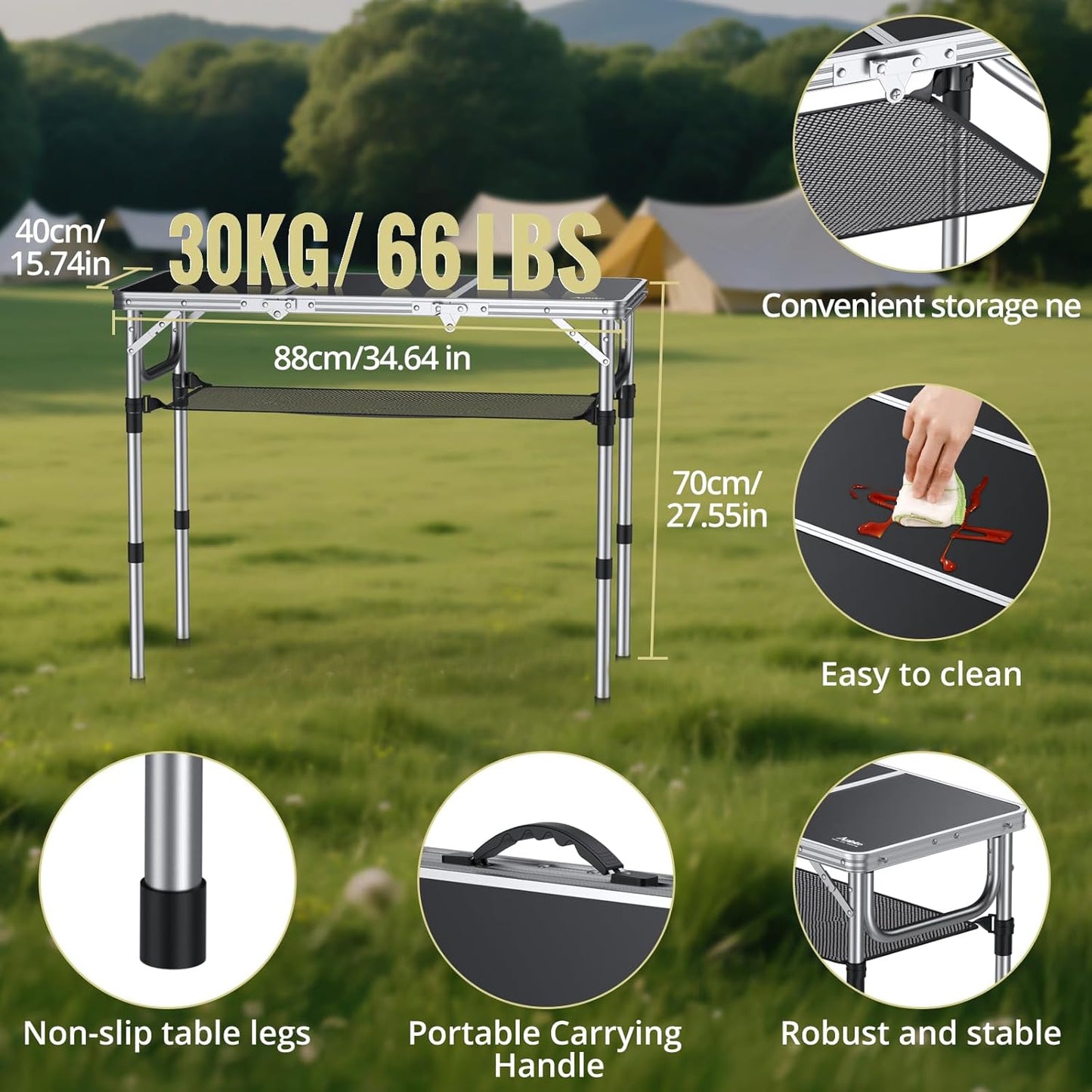 Folding Camping Table with Storage Net, 3ft Camping Table Aluminum Folding Table with 3 Adjustable Height Max 27.1 Inch Picnic Table Portable Table for Outdoor Backyard BBQ, Black