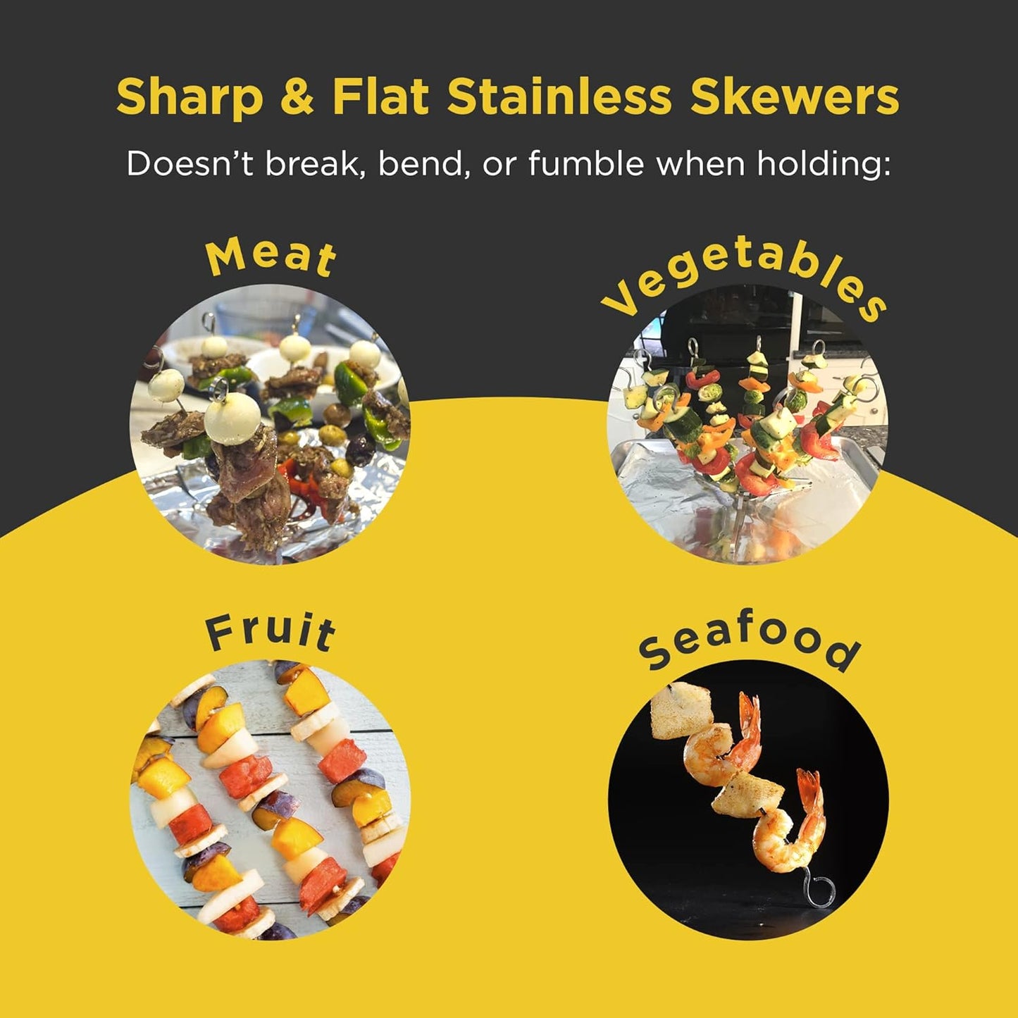 O-Yaki Flat Metal Kabob Skewer for Grilling – Set of 9 BBQ Skewers Stainless Steel with Storage Bag, Dishwasher Safe Skewers with Hook Handle & Sharp Tip for Outdoor BBQ, Cookouts & Oven Use – 8 Inch