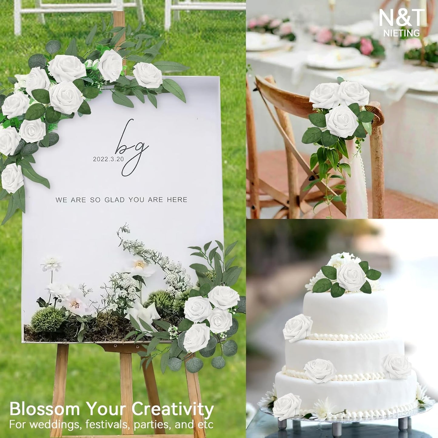 N&T NIETING Artificial Flowers, 25pcs Fake Flowers White Rose Perfect for DIY Wedding Bridesmaid Bridal Bouquets Centerpieces Home Flower Arrangement Decoration