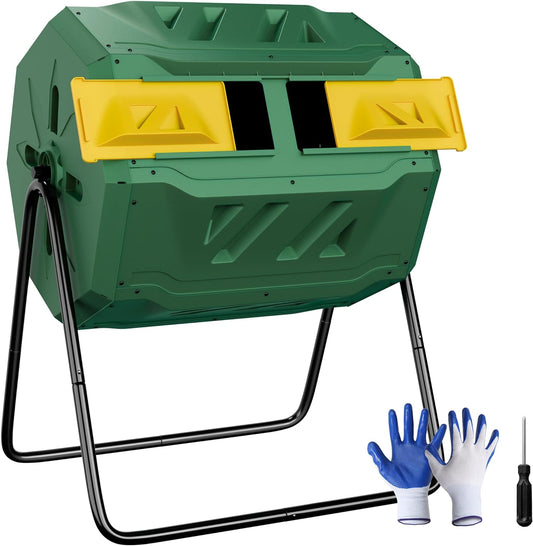 F2C Compost Bin Outdoor Dual Chamber Tumbling Composter 43 Gallon BPA Free Large Tumbler Composters Tumbling or Rotating w/Sliding Doors & Solid Steel Frame Garden Yard Black