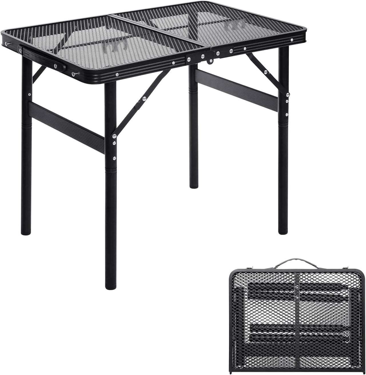Small Folding Table 2FT Grill Table Foldable Camping Table Picnic Portable Mesh 2 Height Adjustable Outdoor Beach BBQ Black 23.6×15.7× 9.4/20.4inch