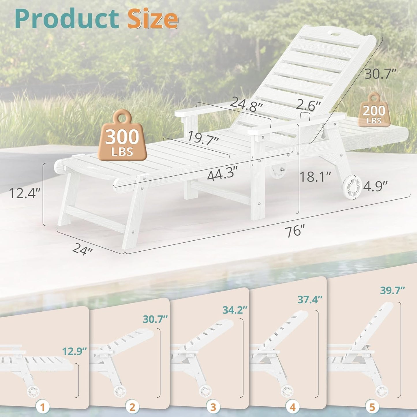 LUE BONA Outdoor Chaise Lounge Chairs Set of 2, 79'' Oversized HDPS Chaise Lounger, 5 Positions Adjustable Lounge Chairs, Pool Lounge Chair with Wheels for Poolside, 3 Year Warranty, White