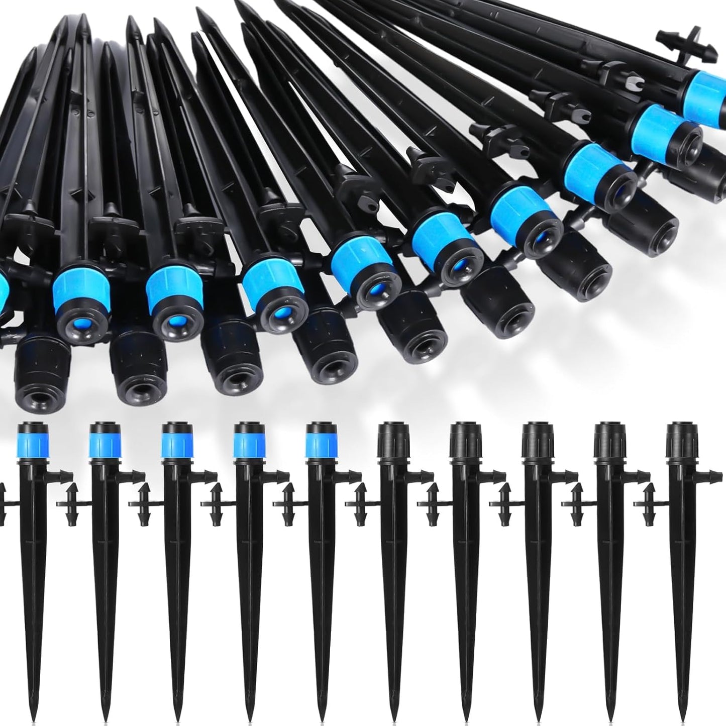 80 Pcs Drip Irrigation Emitters with Adjustable 360 Degree Water Flow Drippers for 1/4 Tubing Sprayer on 5.5 Arrow Stake for Garden System(Blue, Black,Double Barbed)