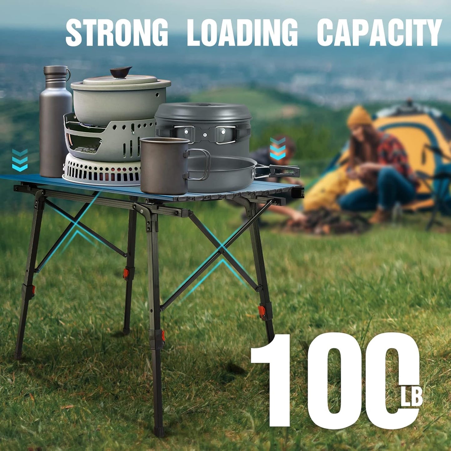 VILLEY Portable Camping Table with Adjustable Legs, Lightweight Aluminum Folding Beach Table with Carrying Bag for Outdoor Cooking, Picnic, Beach, Backyards, BBQ and Party