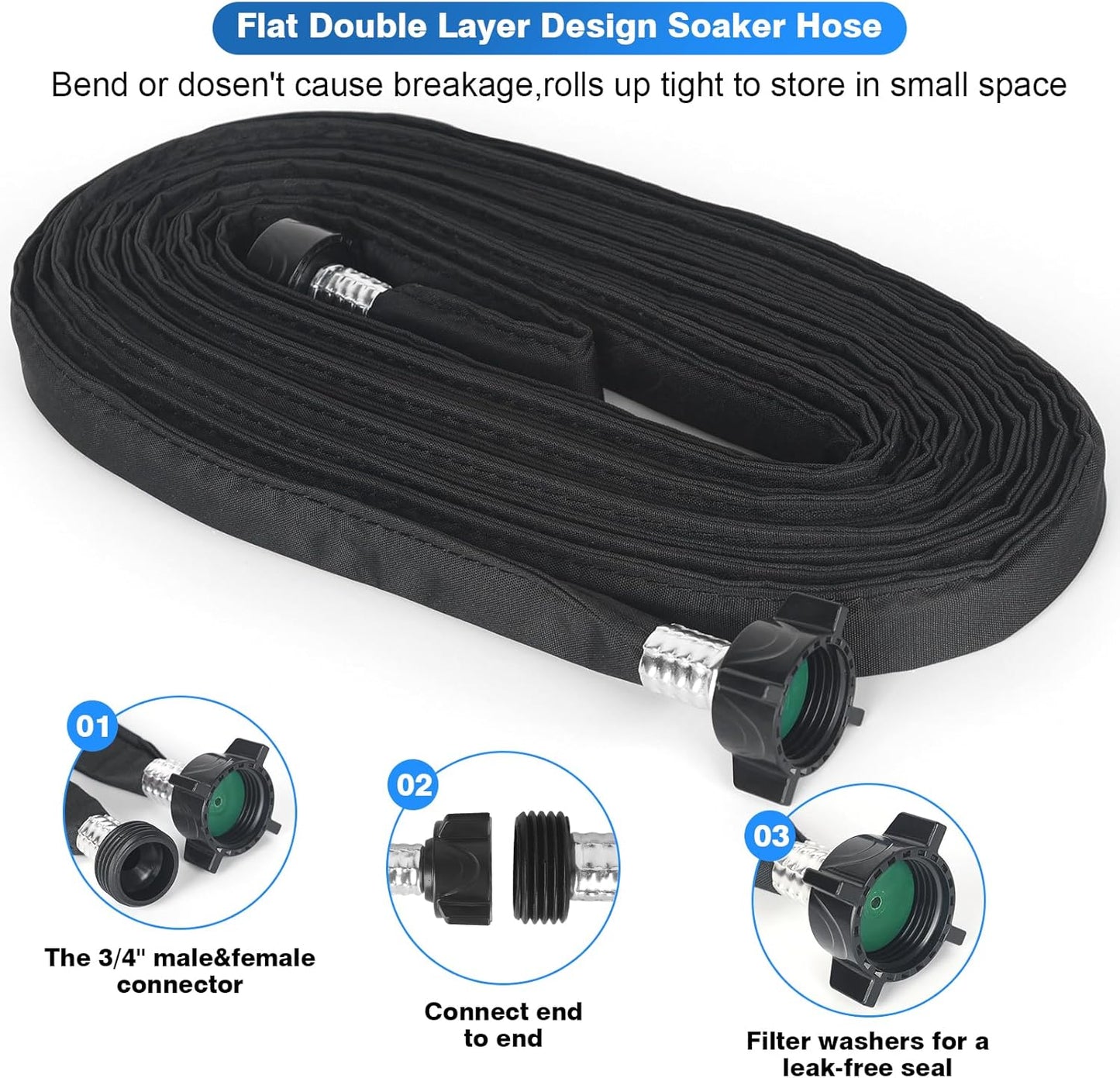 Flat Soaker Hose 50FT x 2 PACK,Drip Hose for Garden Beds Linkable Irrigation System Lightweight and Easy Watering for Tree Plant and Save 80% Water for You (100FT)