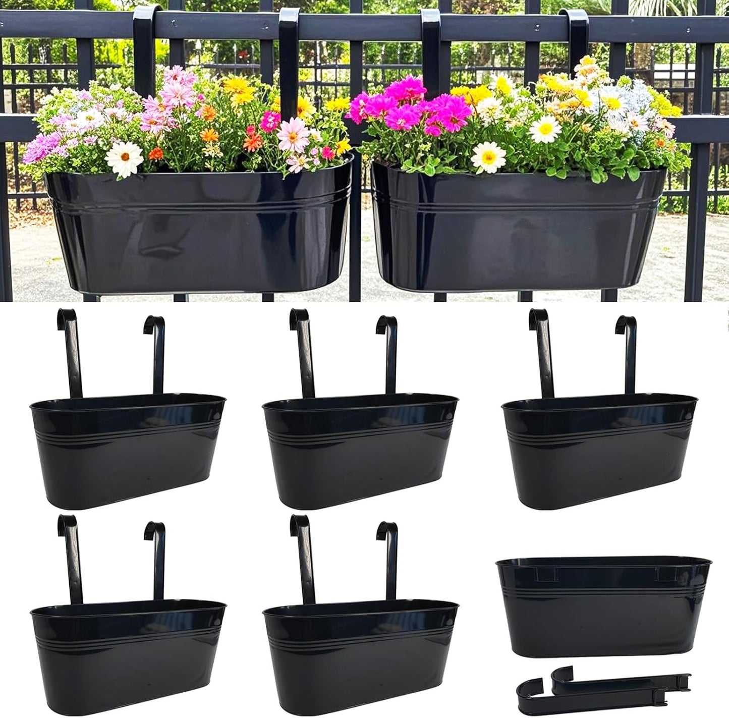 Hanging Planters for Outdoor Plants, 17" Railing Planter Pots, Metal Fence Flower Pot for Porch Balcony with Detachable Hook (Black, Pack of 6)