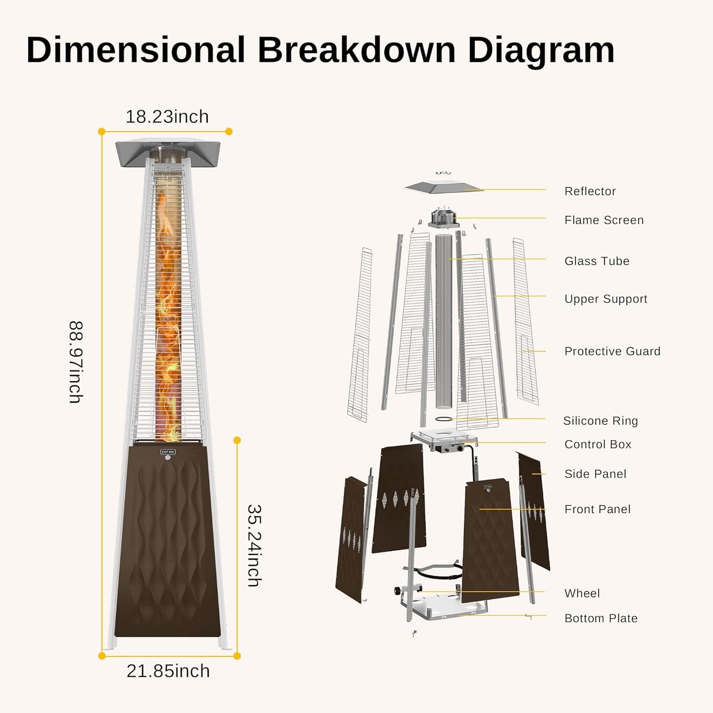 EAST OAK 48,000 BTU Pyramid Patio Heater, Quartz Glass Tube Propane Outdoor Heater with Wheels, Triple Safety Protection, 2025 Upgrade for Home, Backyard & Commercial Spaces, Bronze