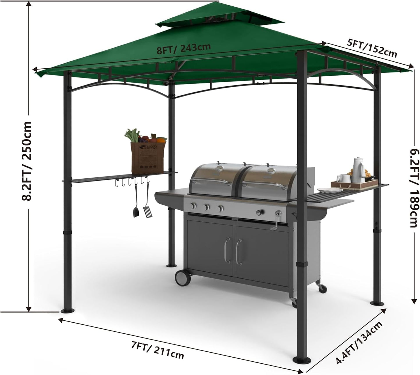 COOSHADE 8'x 5' Grill Gazebo Double Tiered Outdoor BBQ Gazebo Canopy with LED Light (Forest Green)