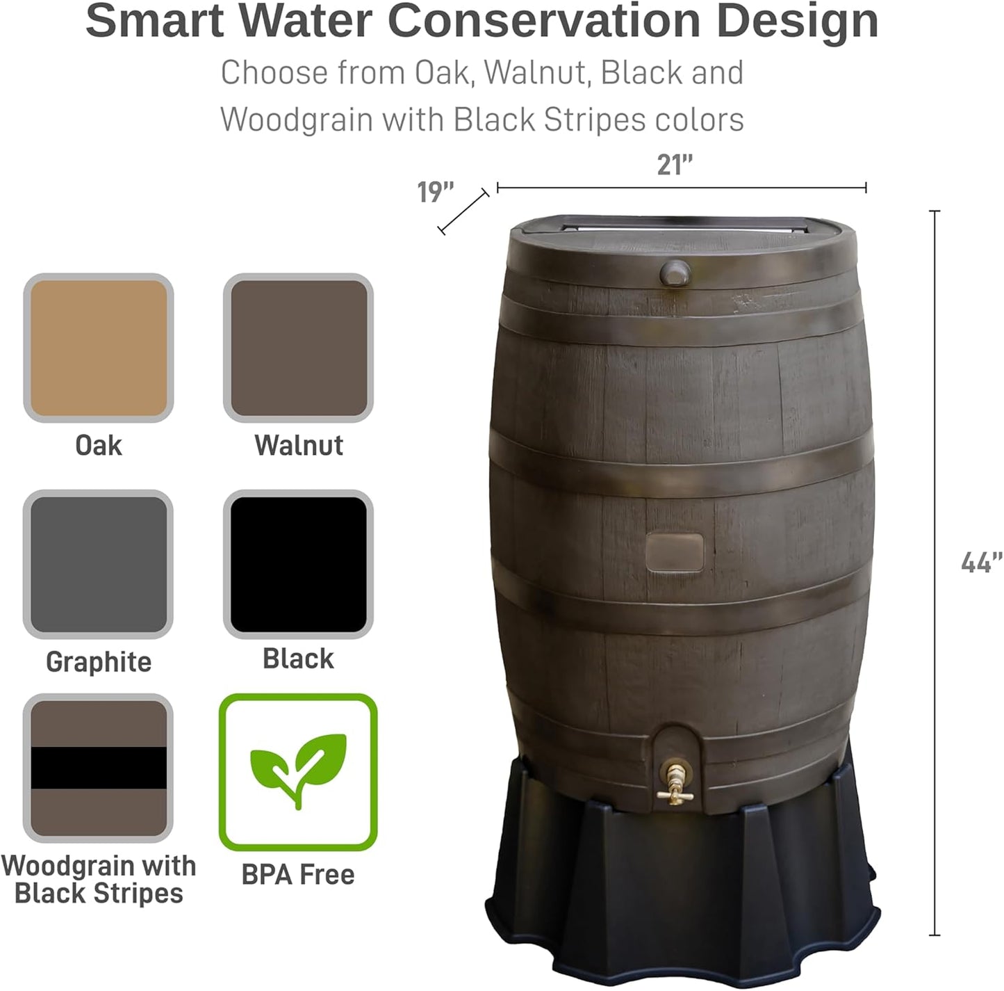 50-Gallon Rain Barrel, Flat Back Rain Water Collection Barrel, Stand Included, Walnut Color