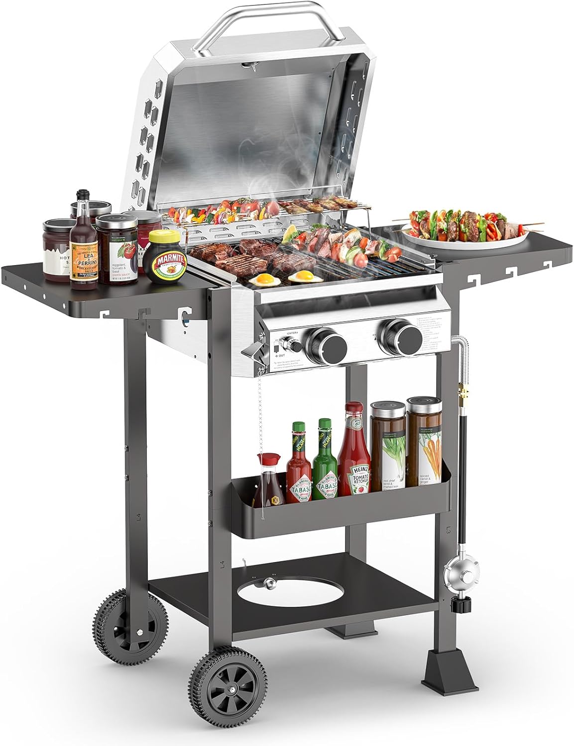 COWSAR 2-Burner Propane Gas Grill with Folding Side Tables,Stainless Steel 16,000 BTU BBQ Grill,Outdoor Grill for Barbecue,Patio,Camping