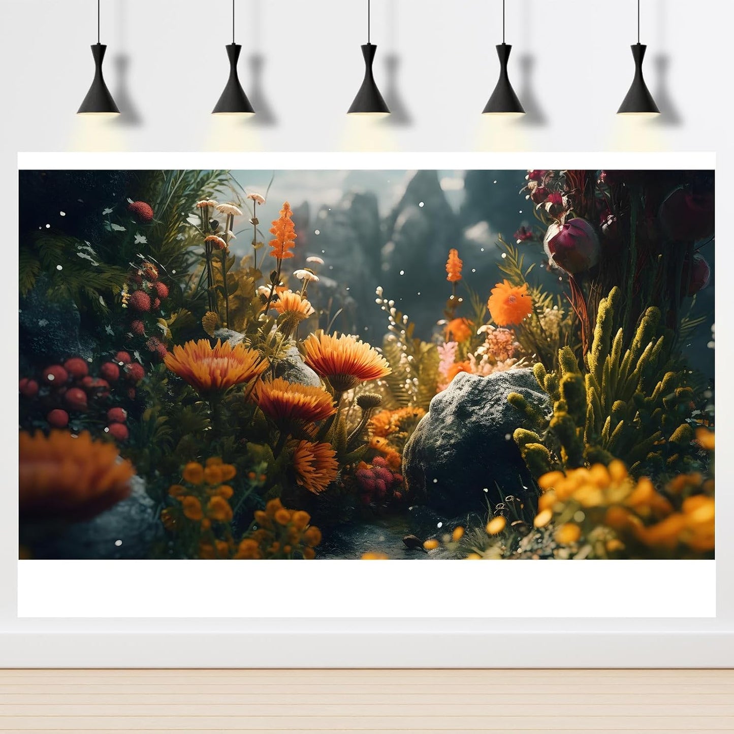 Foggy Stone Aquarium Background Green Seaweed Scenery Orange Floral Fish Tank Background Durable Flower Reptile Tank Background Yellow Flowers Tank Backdrop Wallpaper 30x12in