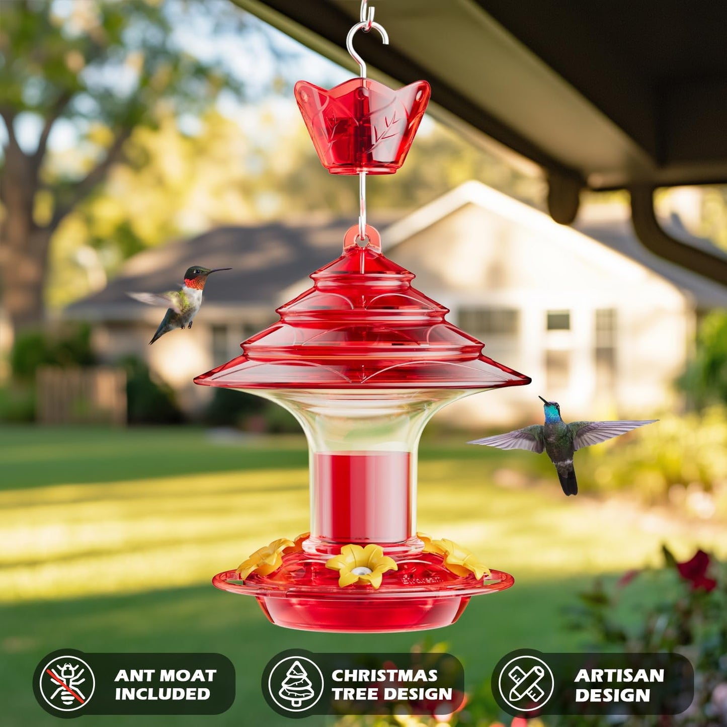 Birdream Hummingbird Feeder for Outdoors Hanging 40oz 10 Feeding Ports, 2 Pack Humming Bird Feeder with Ant Moat Brush Leak Proof - Red