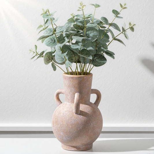 Beige Vintage Terracotta Ceramic Vase with Handles, Rustic Pottery Tulip Vase for Cottage Core Home Mantle Decor, Large Bulk Flower Vases Farmhouse Table Centerpieces, Jarrones Decorativos para Sala
