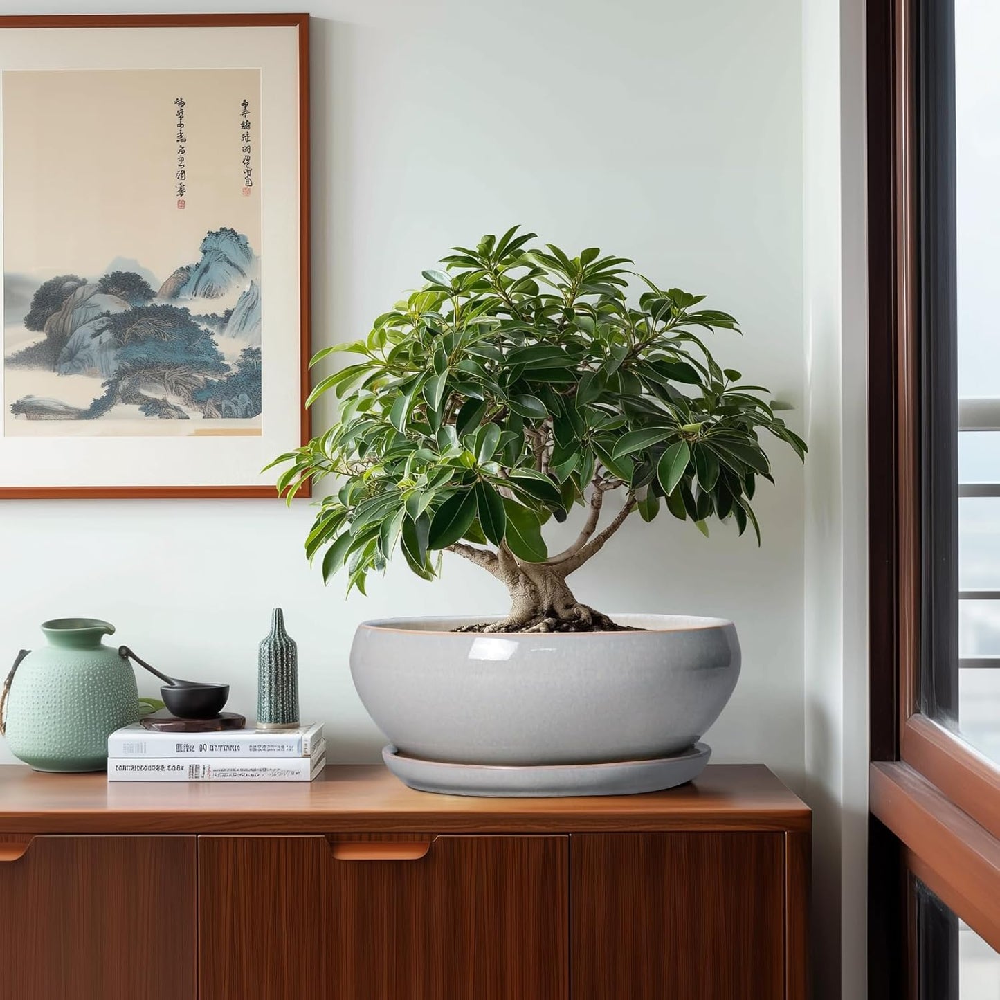 SQOWL 12 Inch Bonsai Pots - Large Ceramic Succulent Pots with Drainage Hole and Saucer, Shallow Planter for Indoor Outdoor Plants Flowers, Round Planter Bowl, Garden Decor, Gifts for Women, Gray