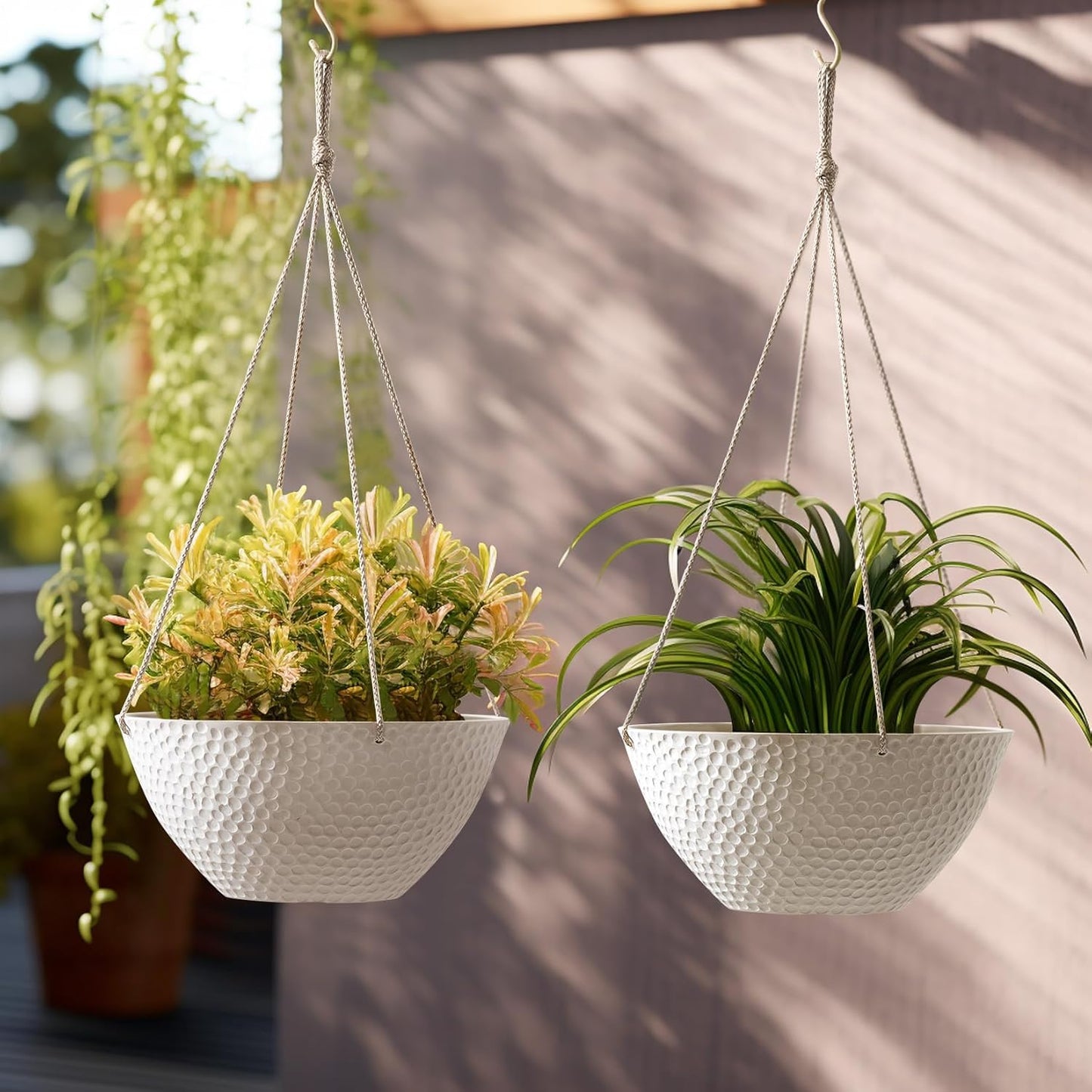 LA JOLIE MUSE Hanging Planters for Outdoor Plants, Large Hanging Planter with Drain Holes, Outdoor Hanging Flower Pots, White Stone, Honeycomb (13.2 Inch, Set of 2)