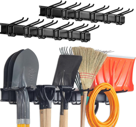 Wall Mount Tool Storage Rack, Heavy Duty Garage Storage Tool Organizer, Garden Tool Wall Hooks and Hangers, Hold Up to 350lbs Black 2Pack, AK806-Black-2Pack