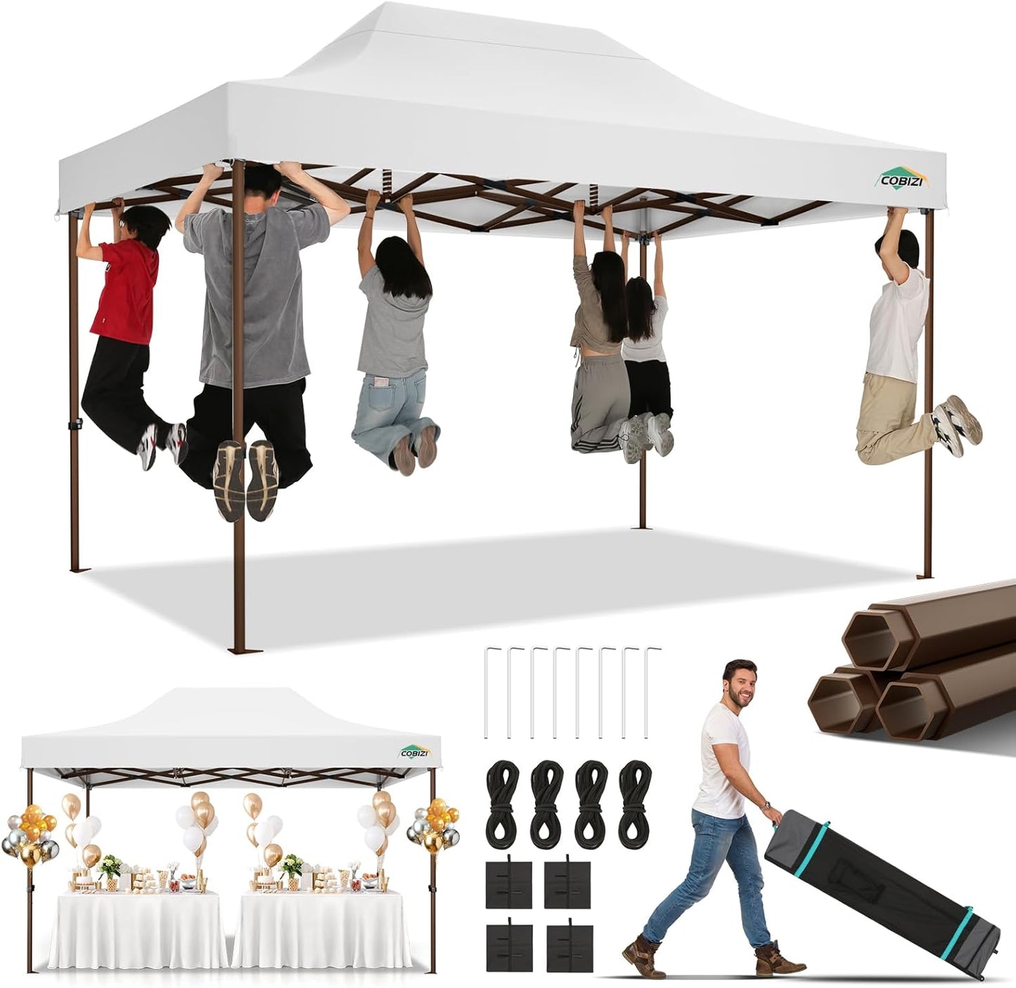 COBIZI 10x15 Pop Up Canopy Tent Heavy Duty Without Sidewall, Commercial Outdoor Easy Pop Up Gazebo for Party Wedding All Weather Waterproof UV 50+ with Roller Bag(Leg Upgraded),White
