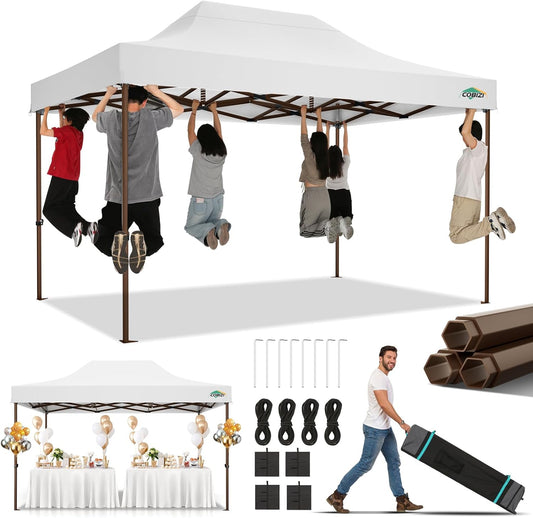 COBIZI 10x15 Pop Up Canopy Tent Heavy Duty Without Sidewall, Commercial Outdoor Easy Pop Up Gazebo for Party Wedding All Weather Waterproof UV 50+ with Roller Bag(Leg Upgraded),White