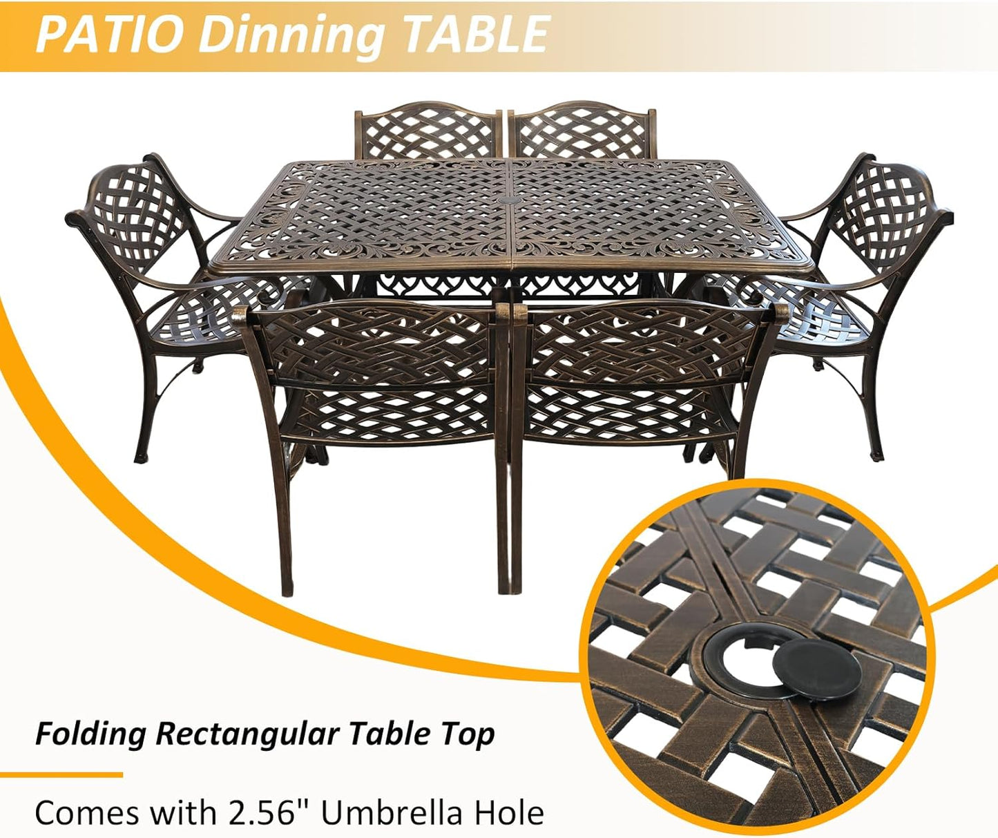 7 Piece Outdoor Dining Set, Cast Aluminum Patio Dining Set for 6 Person, Patio Furniture Set with 59" Rectangle Patio Table(2.56" Umbrella Hole) and 6 Chairs