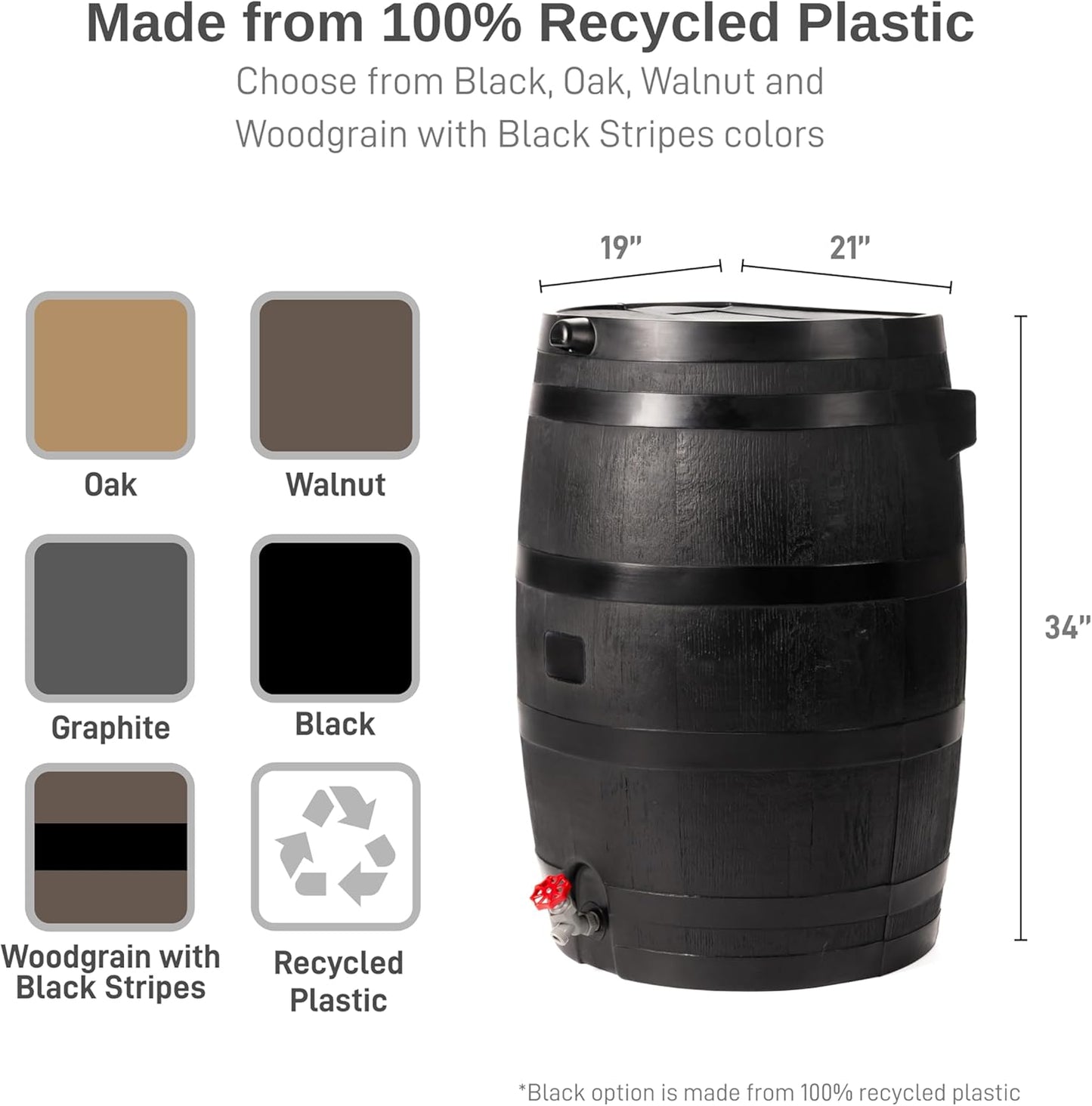 50-Gallon ECO Rain Barrel Made with 100% Recycled Plastic, Flat Back Rain Water Collection Barrel, Soaker Hose Included, Black