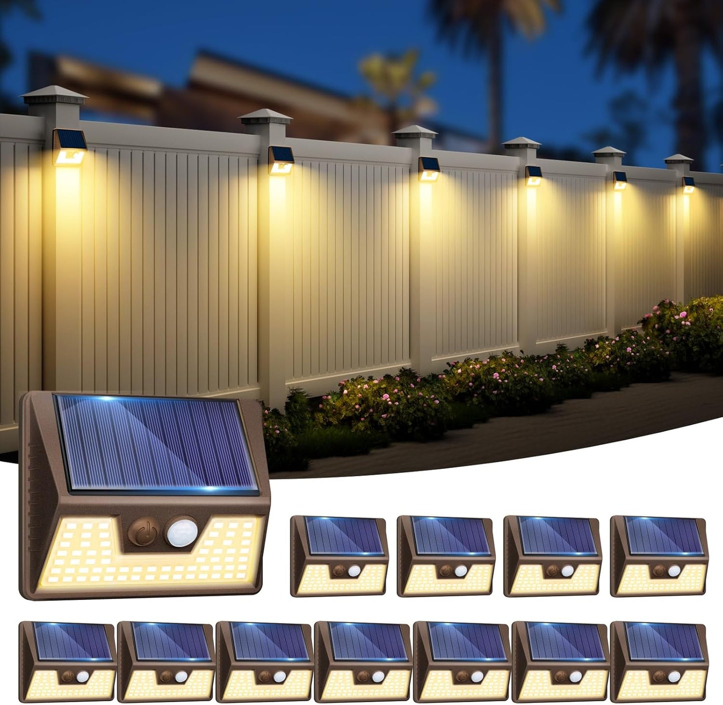 12 Pack Solar Motion Lights for Outside, Waterproof Fence Lights Outdoor, Warm White LED Wall Lights Wireless for Yard Steps Stairs Garden - Brown