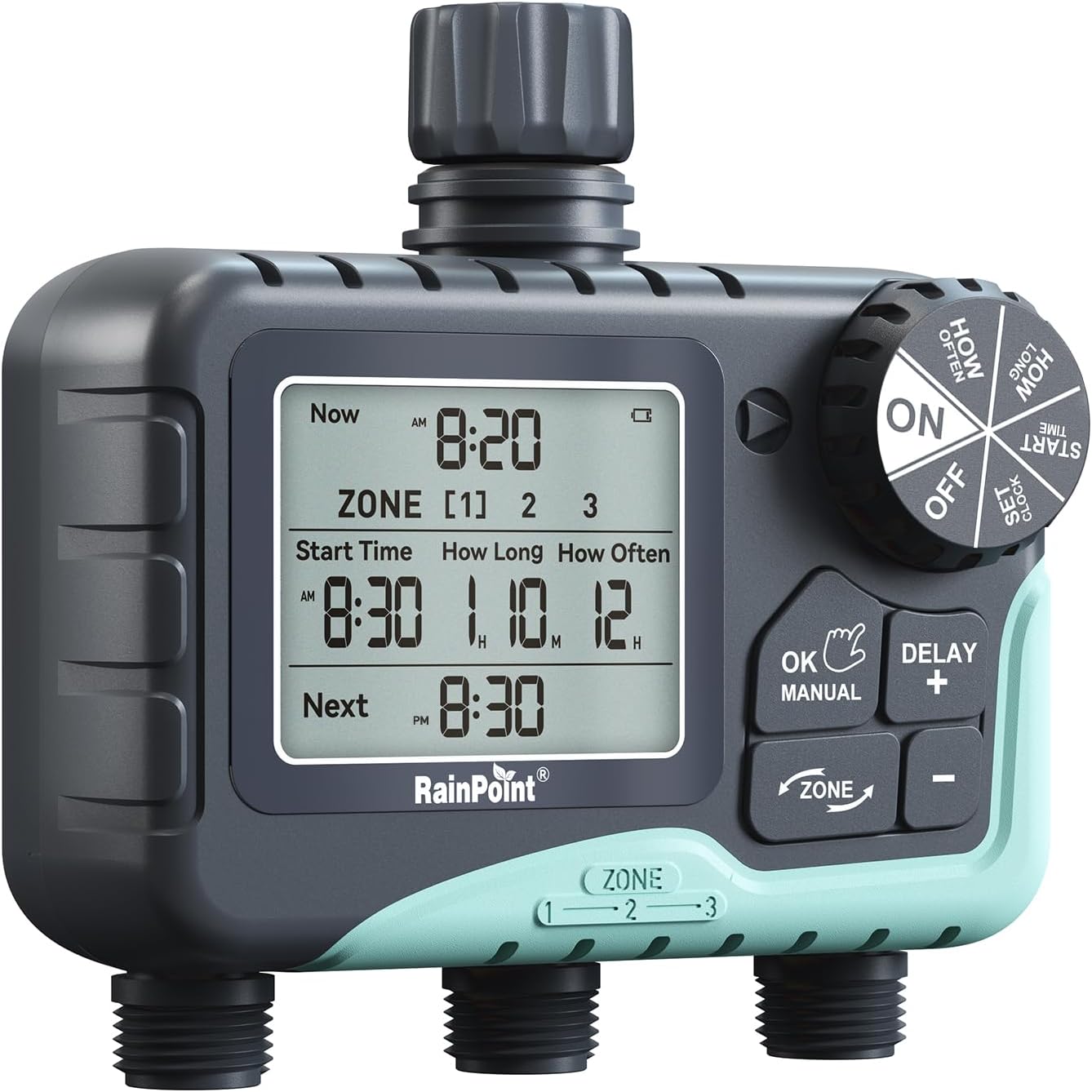 RAINPOINT Sprinkler Timer 3 Zone, Programmable Water Timer for Garden Hose,Hose Faucet Timer, Hose Timers for Watering with Automatic/Manual/Rain Delay/Watering Mode, IP65 Waterproof, Large LCD