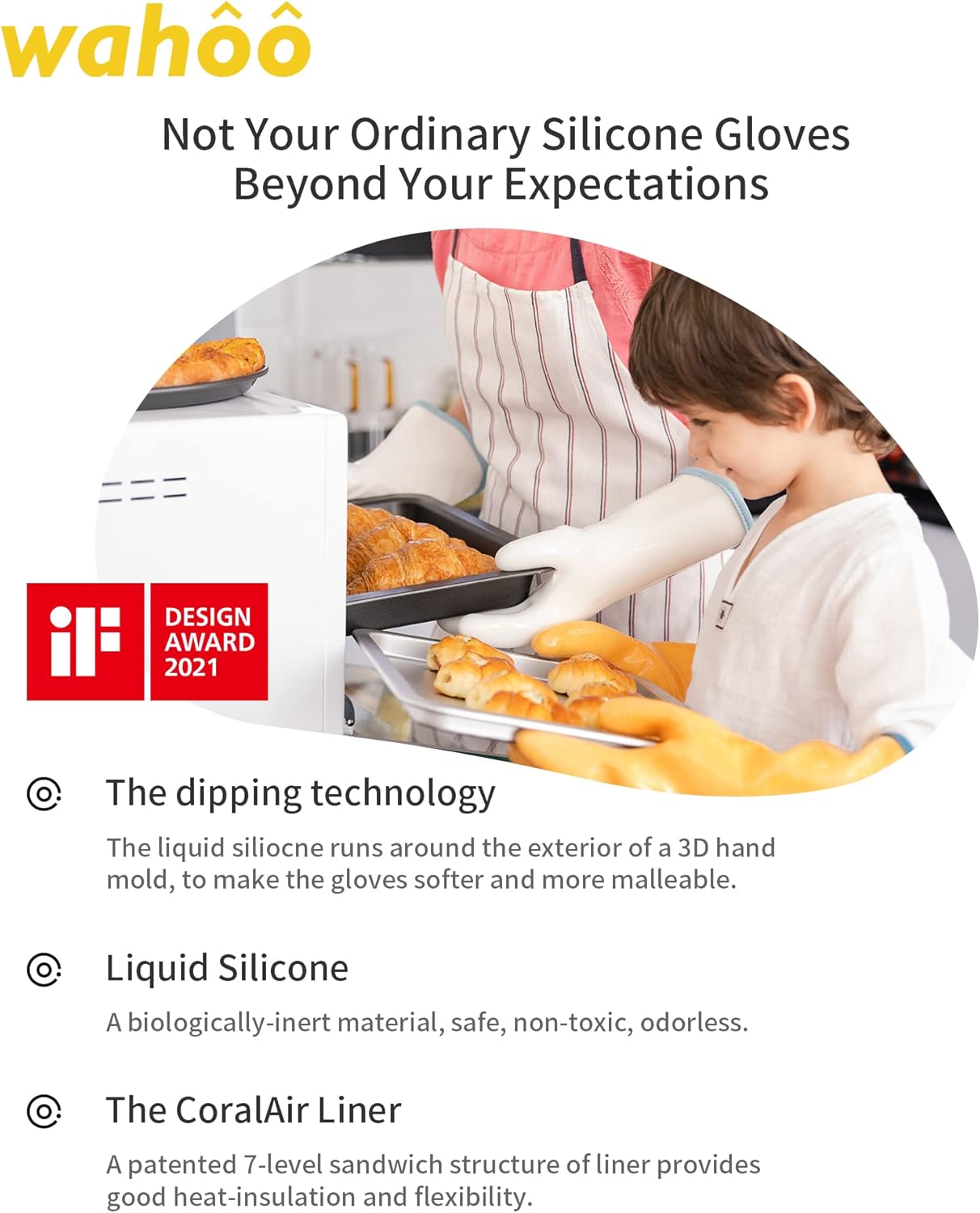 wahoo Professional Liquid Silicone Oven Mitts Gloves, Heat Resistant Gloves for Cooking, Baking, CoralAir Liner, 12 Inch, White, Large