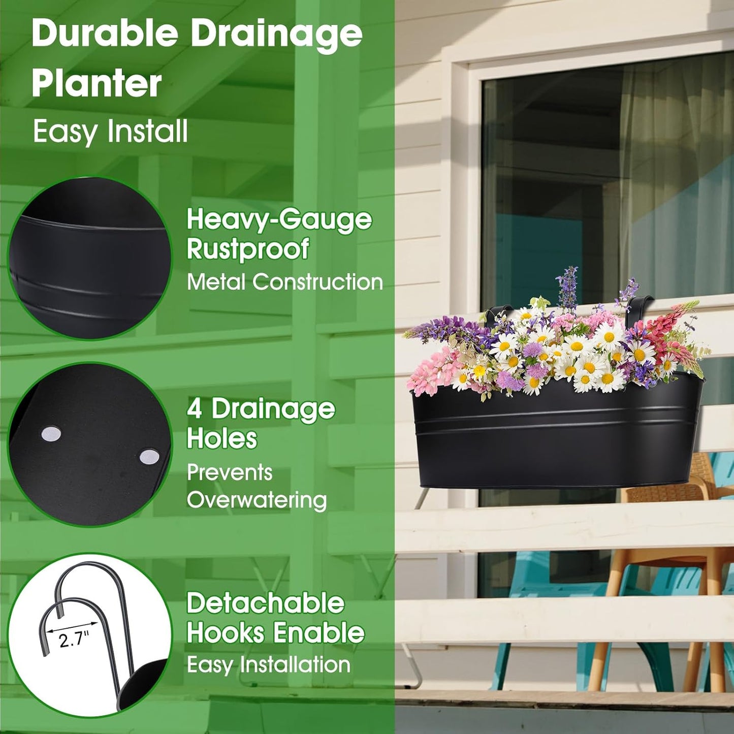 OGIMA Railing Planter Box, 3 Pack 16" Large Hanging Planters for Outdoor Plants with Adjustable Wide Hooks for 2.7'' Railings, Balcony Planters Railing Hanging for Deck, Fence & Patio Decor