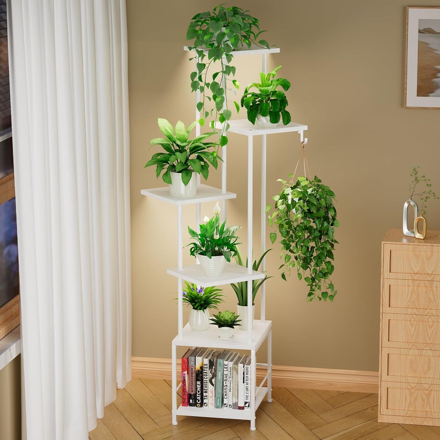 Plant Stand Indoor with Grow Light, 6-Tiered Tall Plant Stand Indoor, Metal Plant Shelf with Hanging Basket Hook and Adjustable Light, Ideal for Living Room, Garden, Patio white